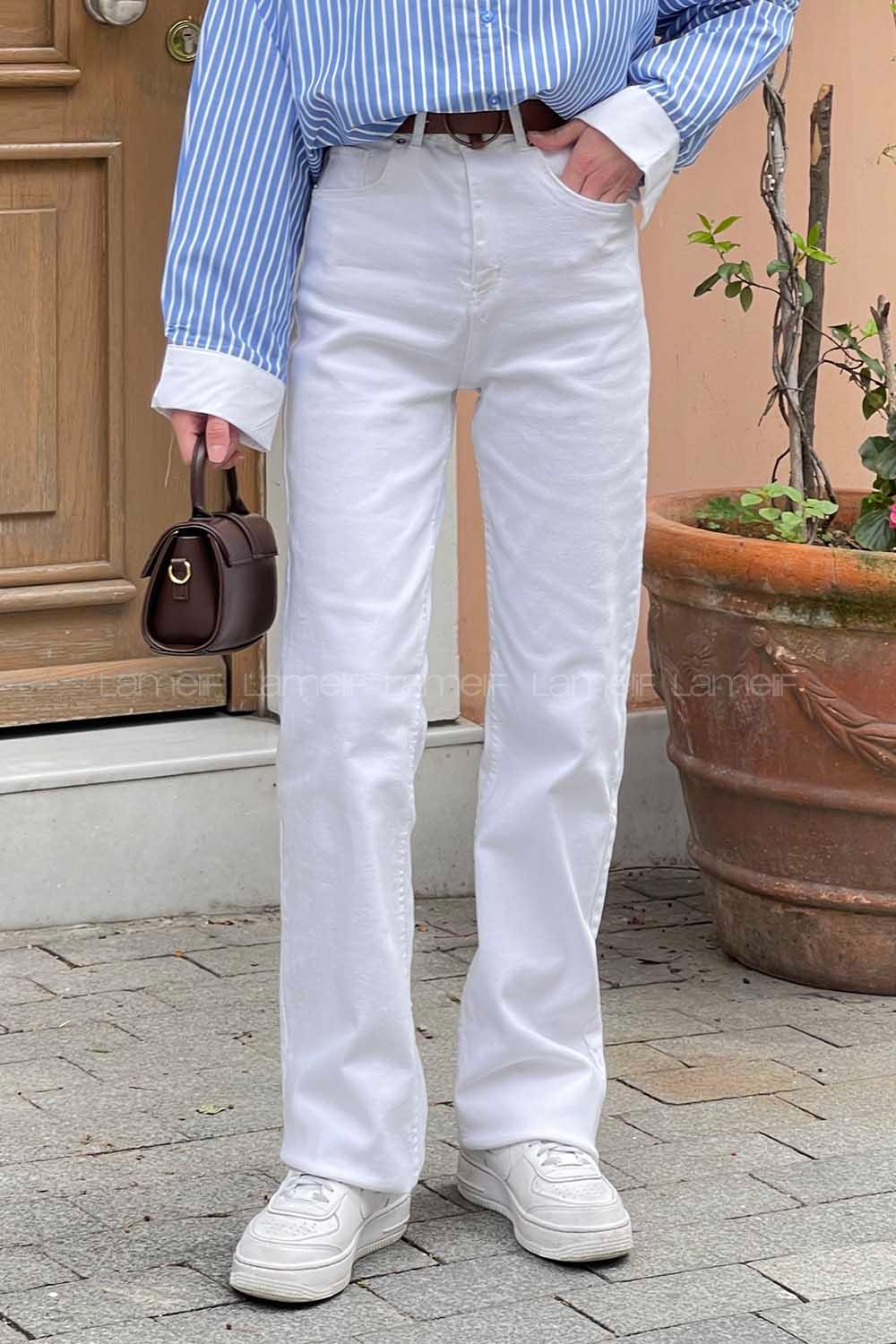 Lamelif Kesik Paça Straight Jean Beyaz