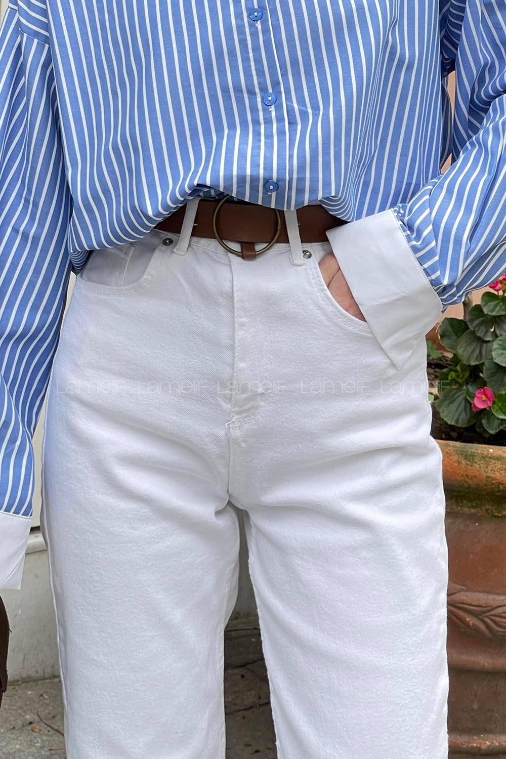 Lamelif Kesik Paça Straight Jean Beyaz