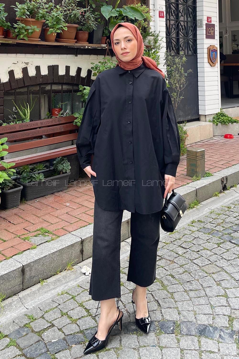 Black Shirt Collar Poplin Fabric Unprinted Tunic