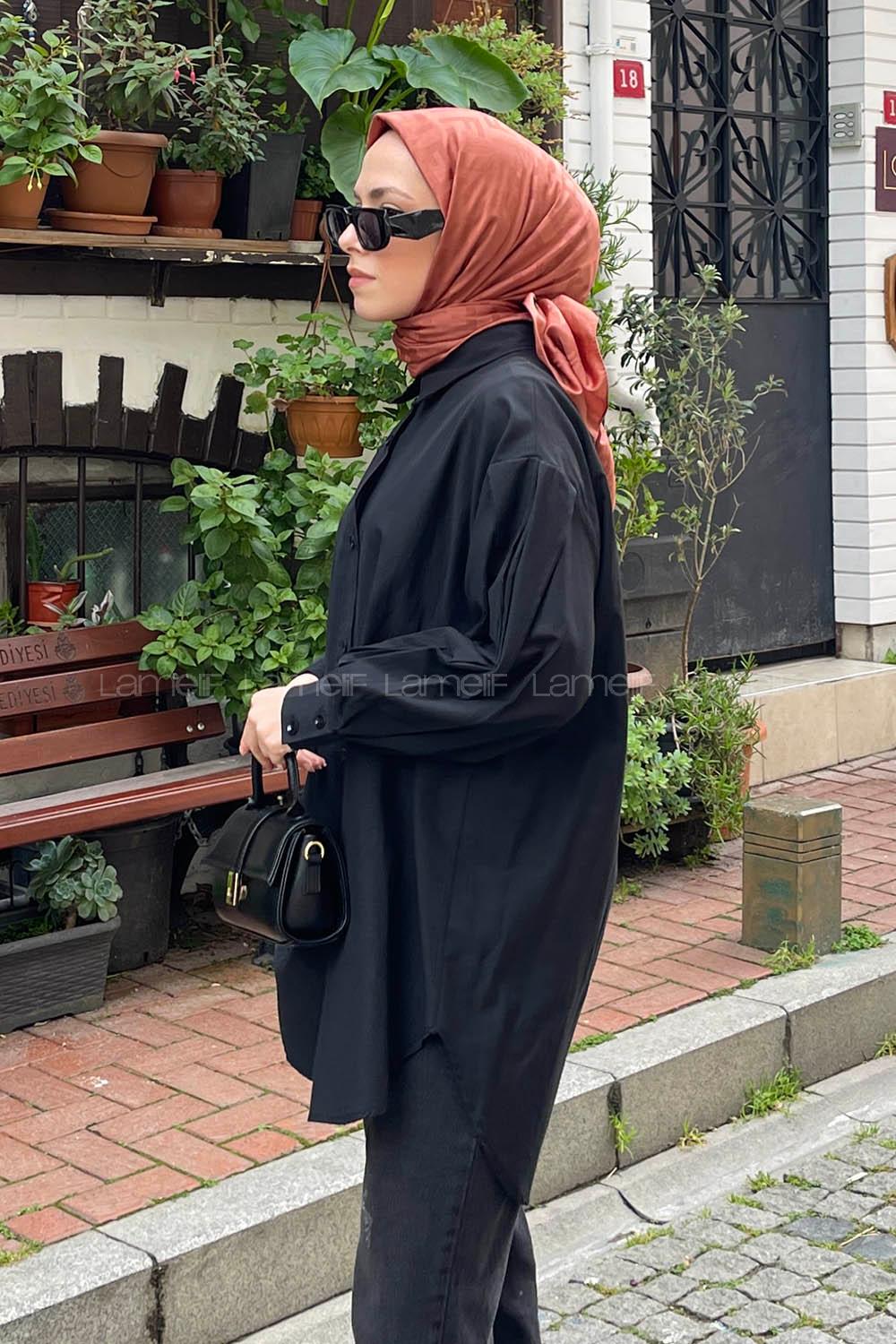 Black Shirt Collar Poplin Fabric Unprinted Tunic