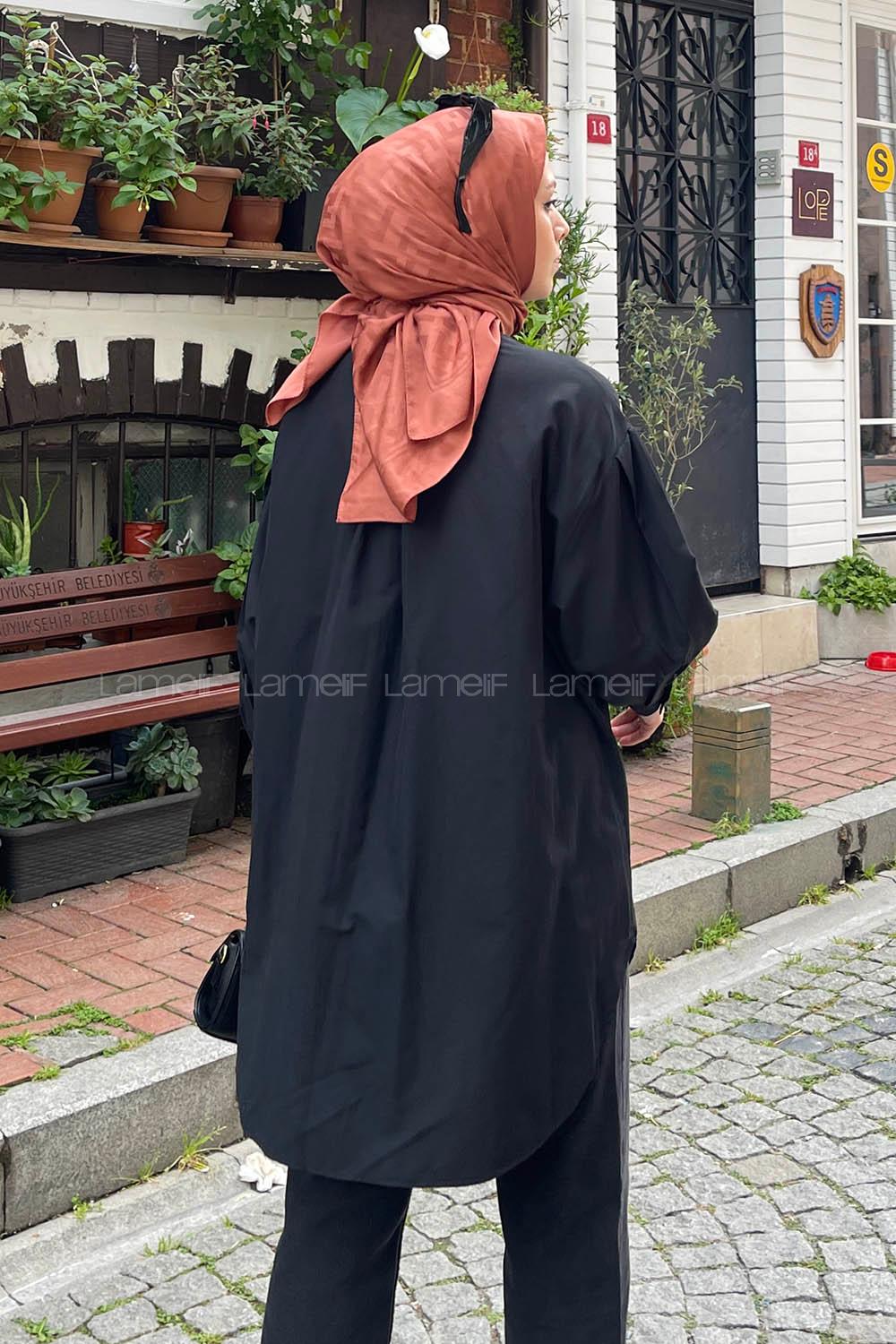 Black Shirt Collar Poplin Fabric Unprinted Tunic