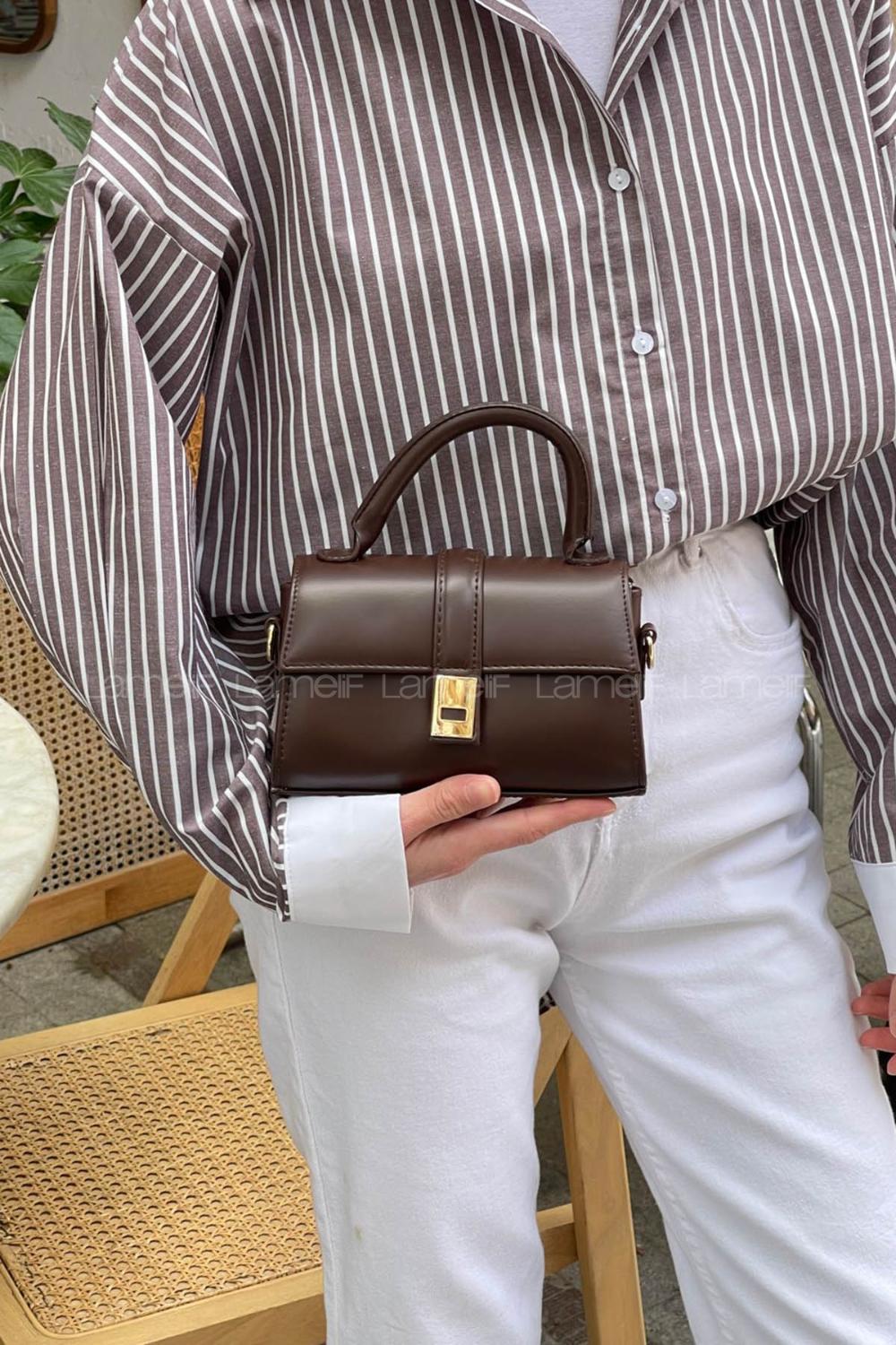 Lamelif Ruby Model Mini Üstten Ayarlanabilir Yan Askılı Kapaklı Çanta Acı Kahve