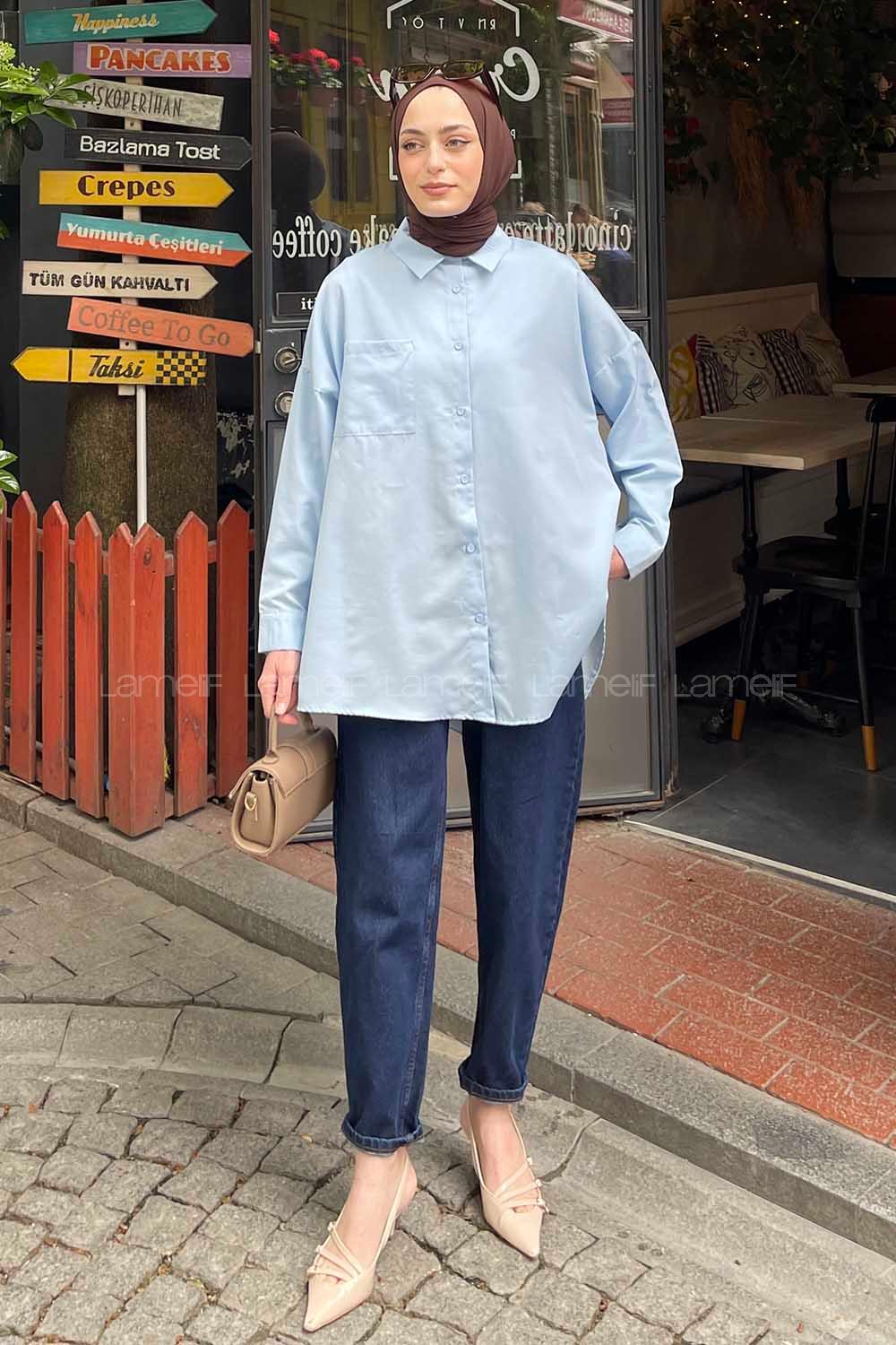 Lamelif Tek Cep Detaylı Oversize Gömlek Mavi