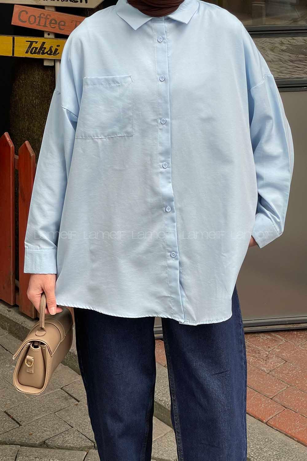 Lamelif Tek Cep Detaylı Oversize Gömlek Mavi