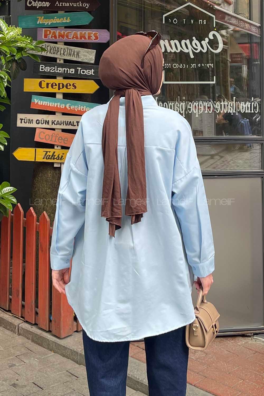 Lamelif Tek Cep Detaylı Oversize Gömlek Mavi