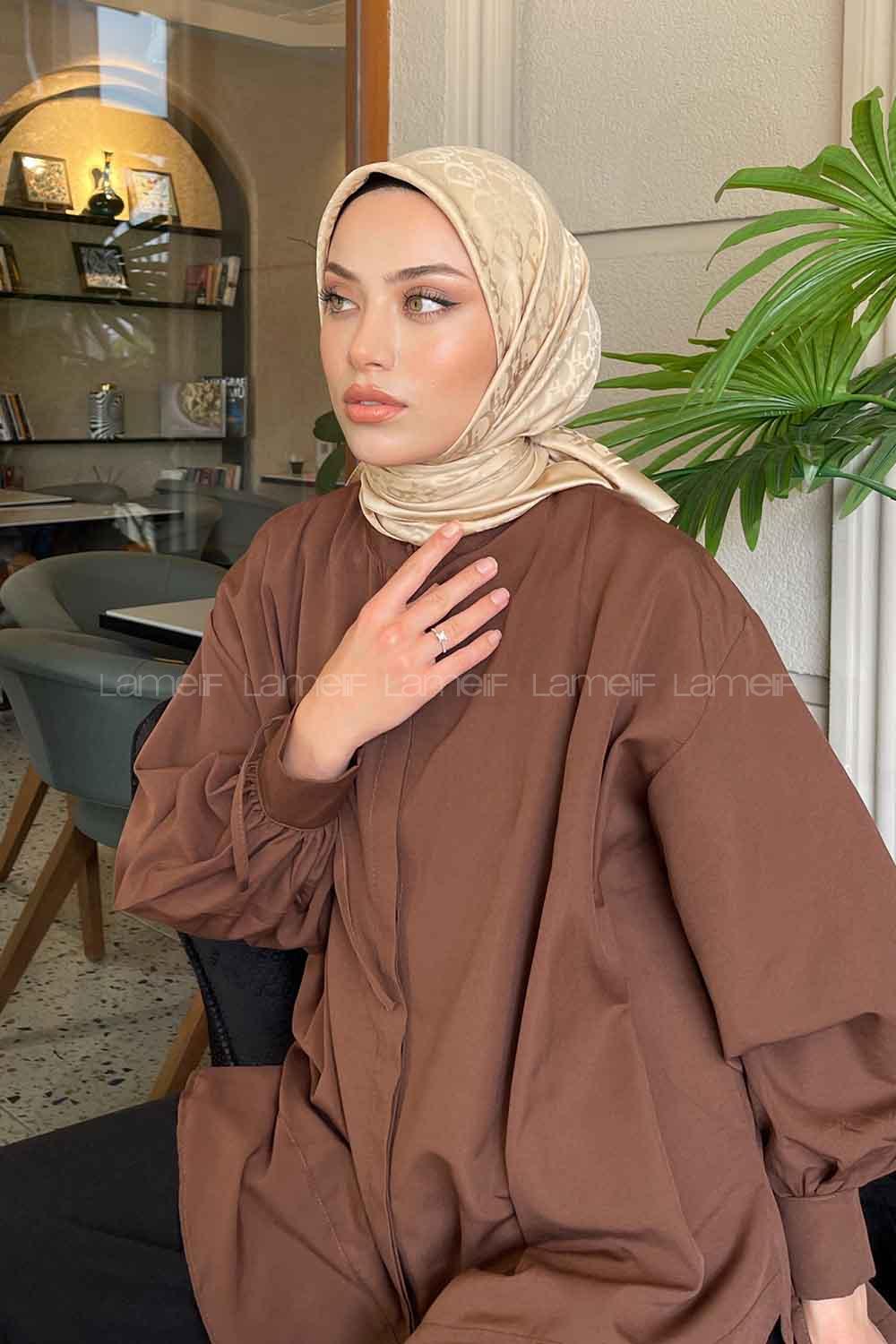 Lamelif Dior Desen Jakar Eşarp Koyu Bej