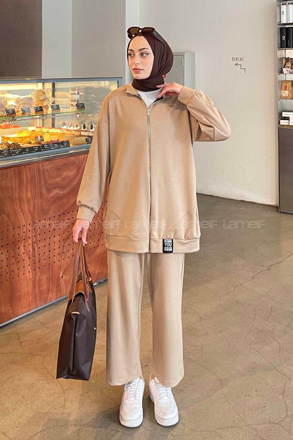 Brown With Milk Zippered Neck Long Arm Cotton Lycra Regular Trousers Comfortable Suit