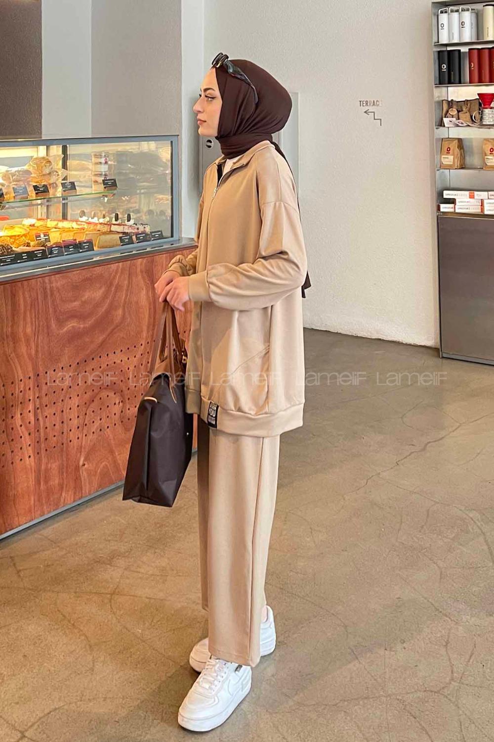 Brown With Milk Zippered Neck Long Arm Cotton Lycra Regular Trousers Comfortable Suit