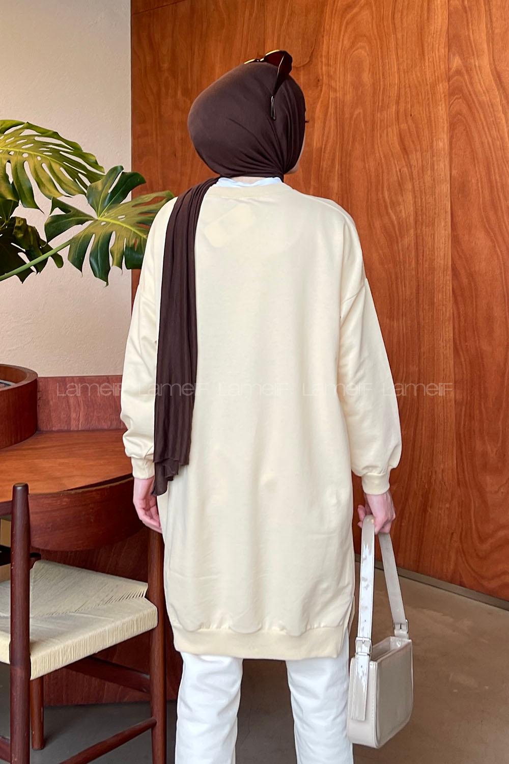 Beige Crew Neck Two Threads Unprinted Tunic