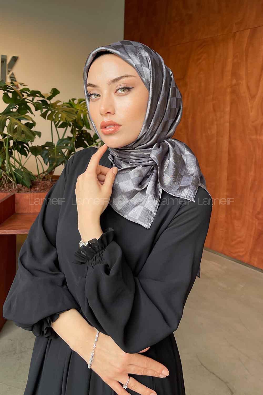 Lamelif Dama Desen Jakar Eşarp Antrasit