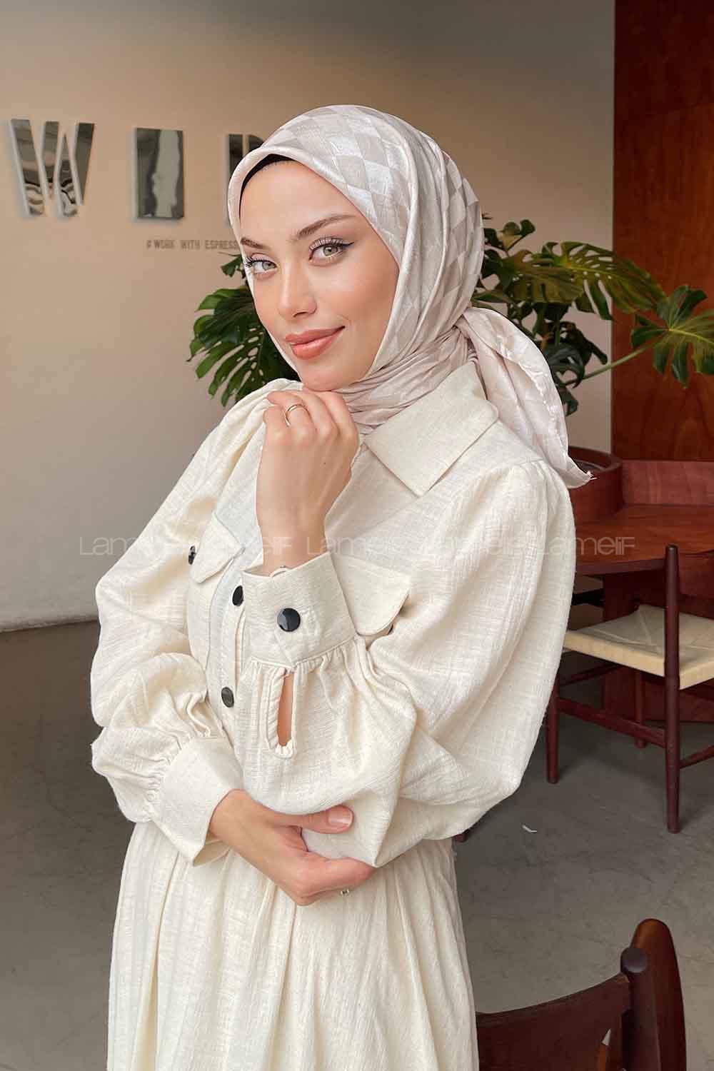 Lamelif Dama Desen Jakar Eşarp Bej