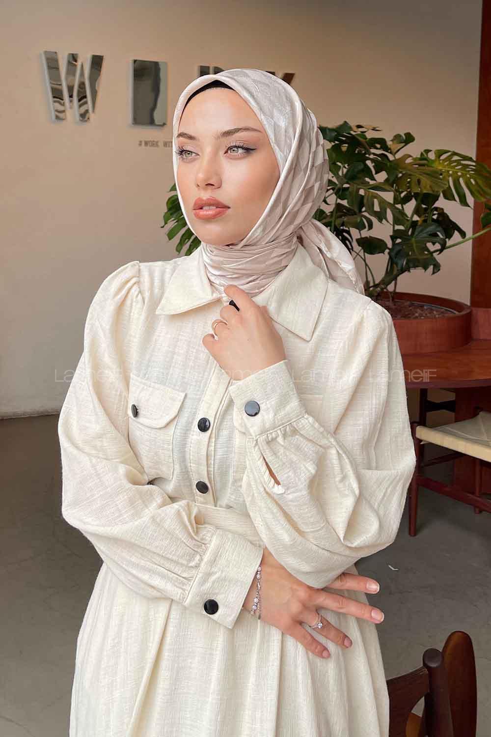 Lamelif Dama Desen Jakar Eşarp Bej