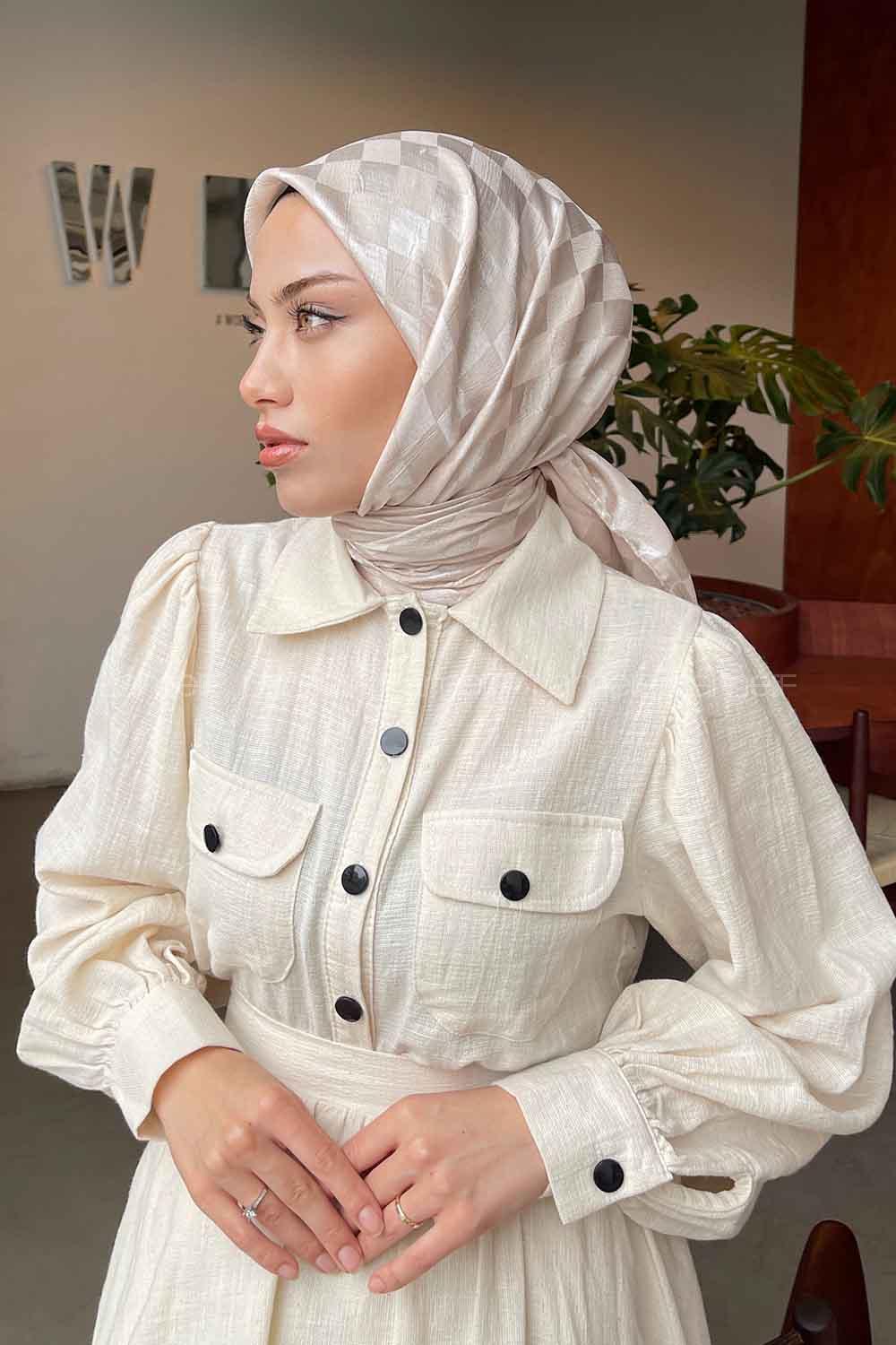 Lamelif Dama Desen Jakar Eşarp Bej