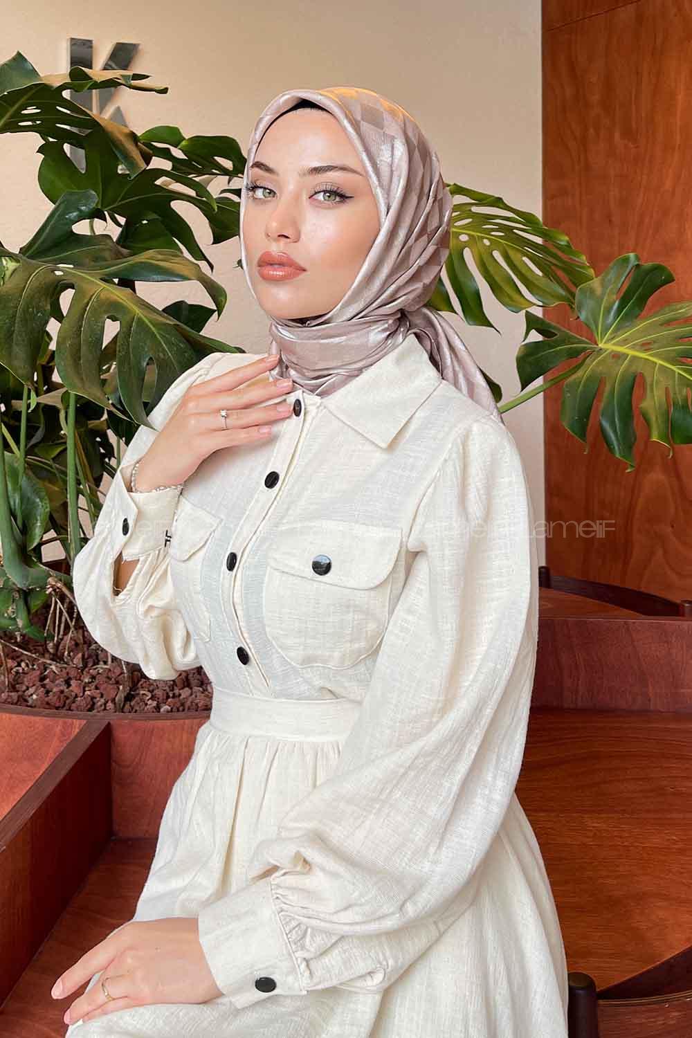 Lamelif Dama Desen Jakar Eşarp Koyu Vizon