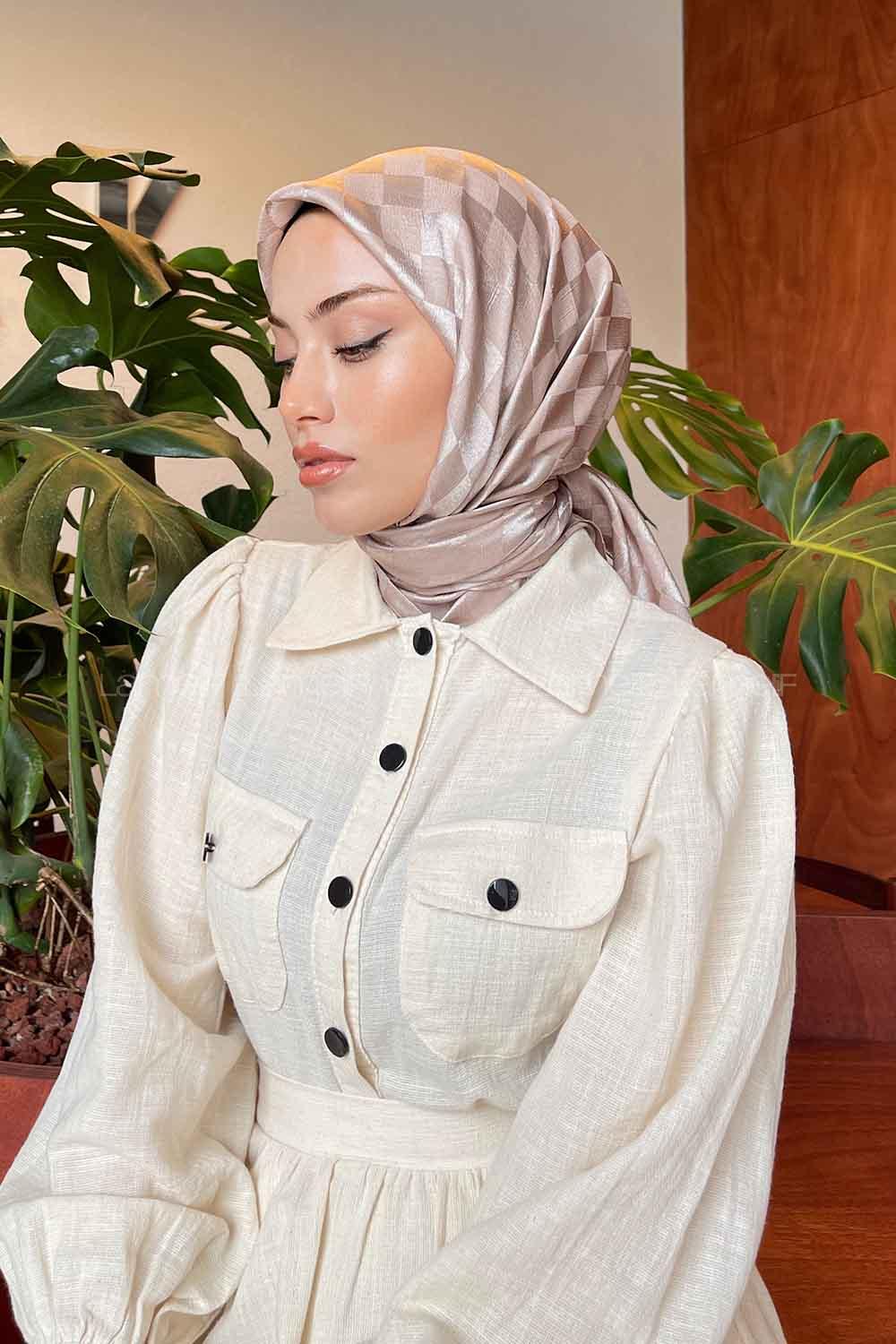 Lamelif Dama Desen Jakar Eşarp Koyu Vizon