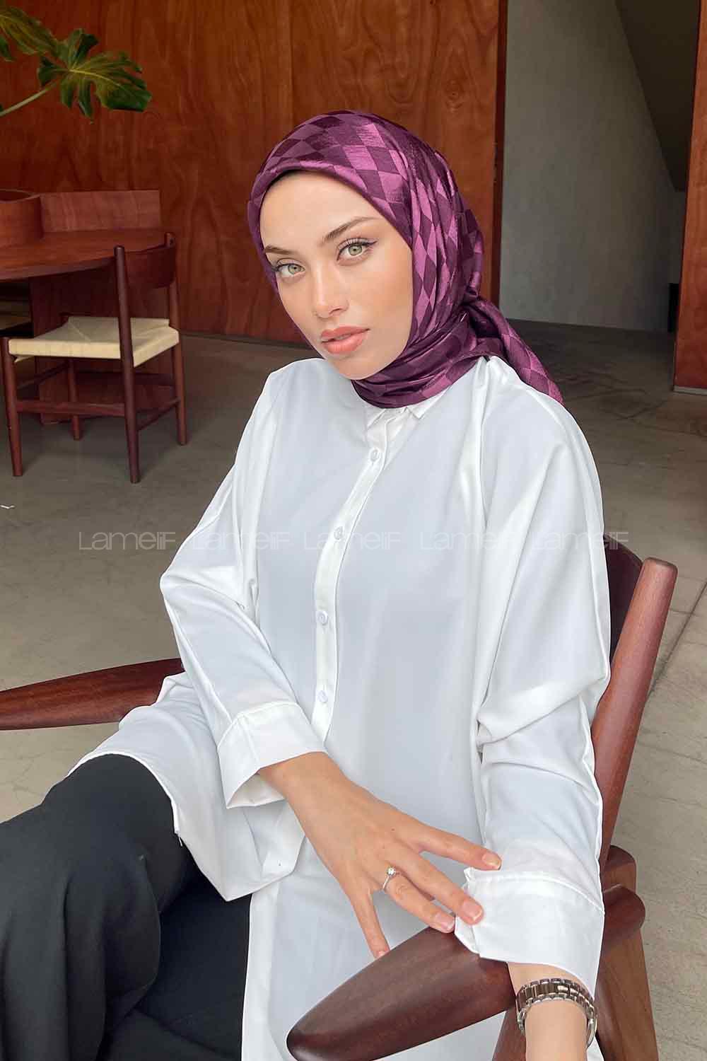 Lamelif Dama Desen Jakar Eşarp Mürdüm