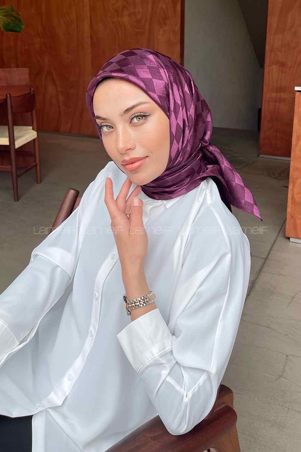 Lamelif Dama Desen Jakar Eşarp Mürdüm