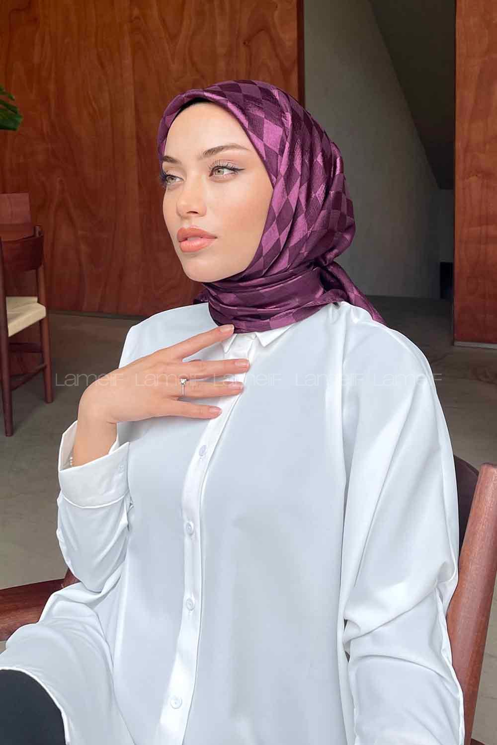 Lamelif Dama Desen Jakar Eşarp Mürdüm