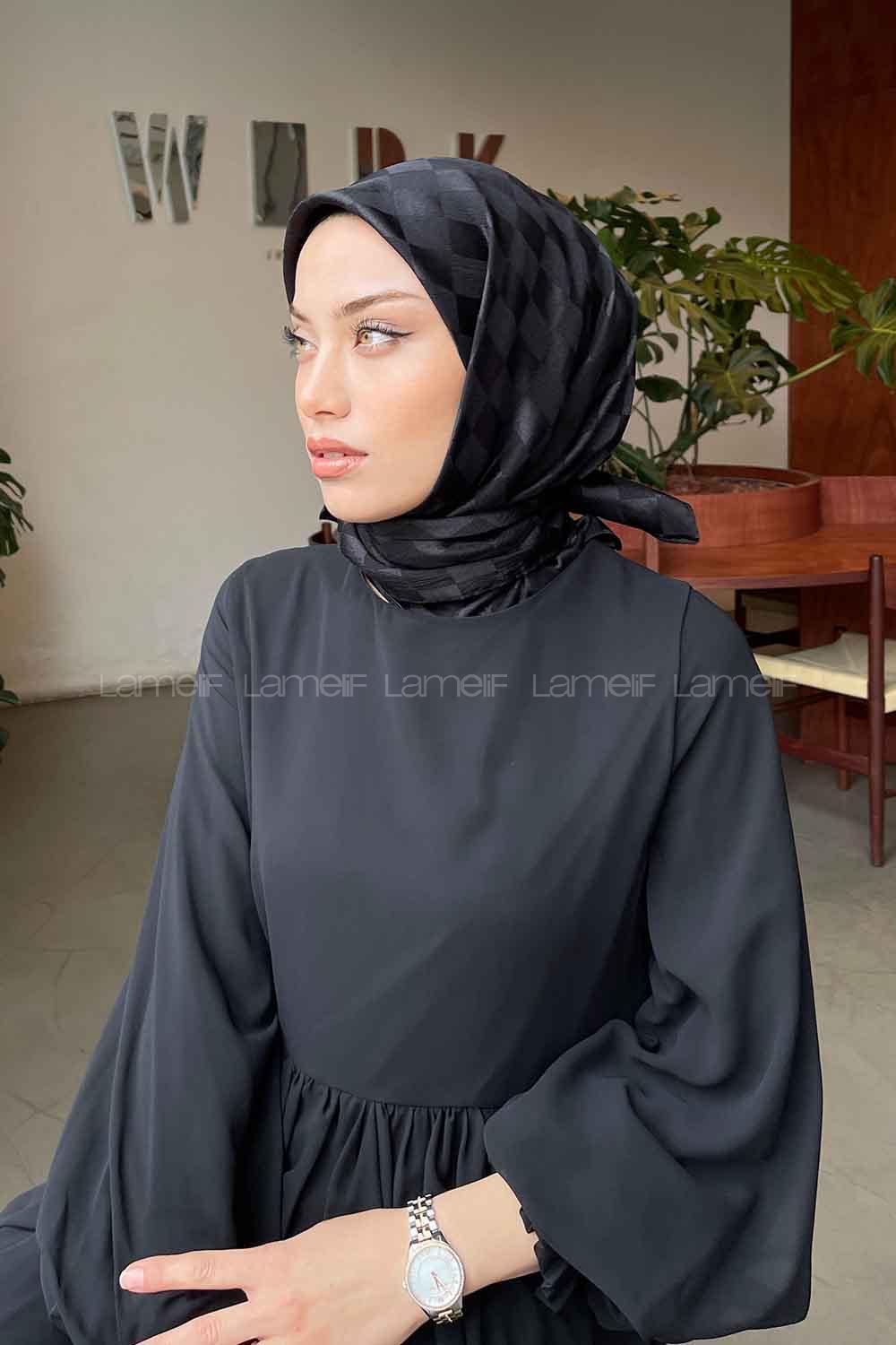 Lamelif Dama Desen Jakar Eşarp Siyah