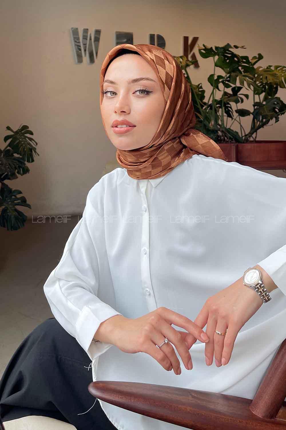 Lamelif Dama Desen Jakar Eşarp Tarçın