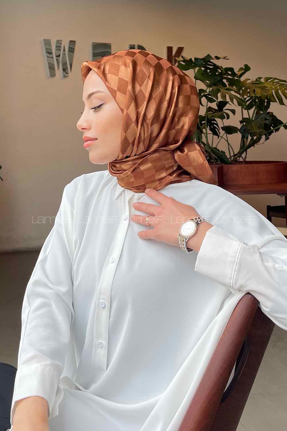 Lamelif Dama Desen Jakar Eşarp Tarçın