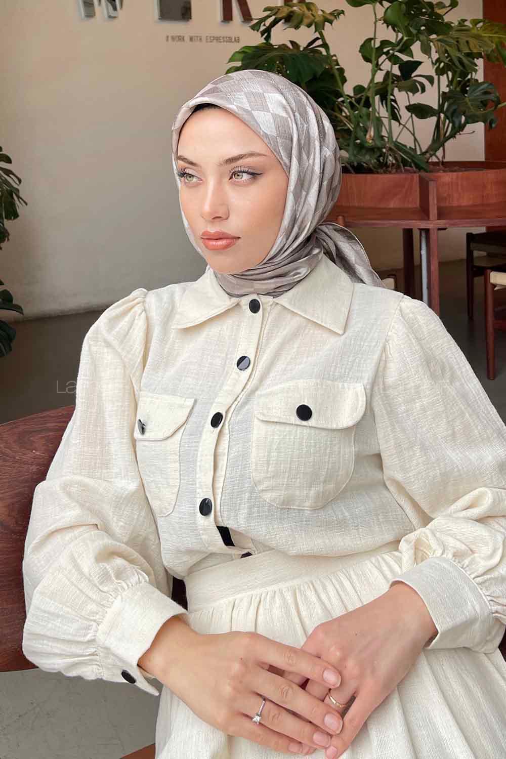 Lamelif Dama Desen Jakar Eşarp Toprak