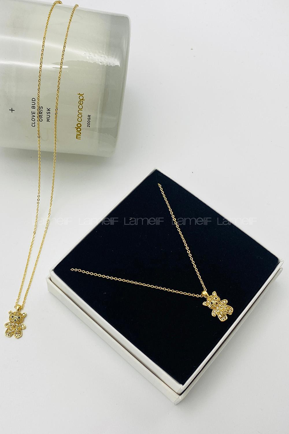 Lamelif  Gold Taşlı Minik Ayıcık Zirkon Kolye