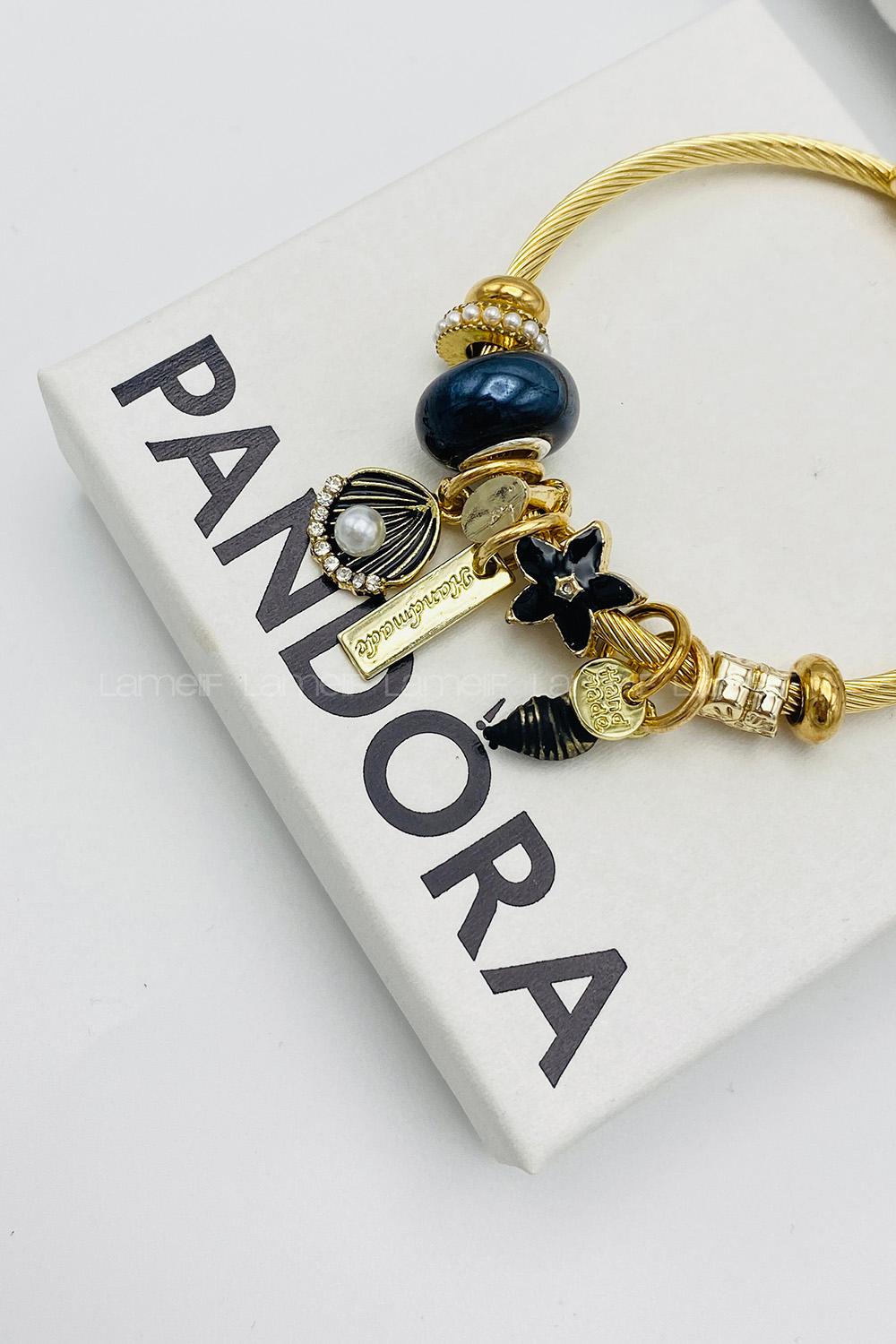 Lamelif Gümüş Siyah Taşlı İncili İstiridye Charmlı Pandora Bileklik