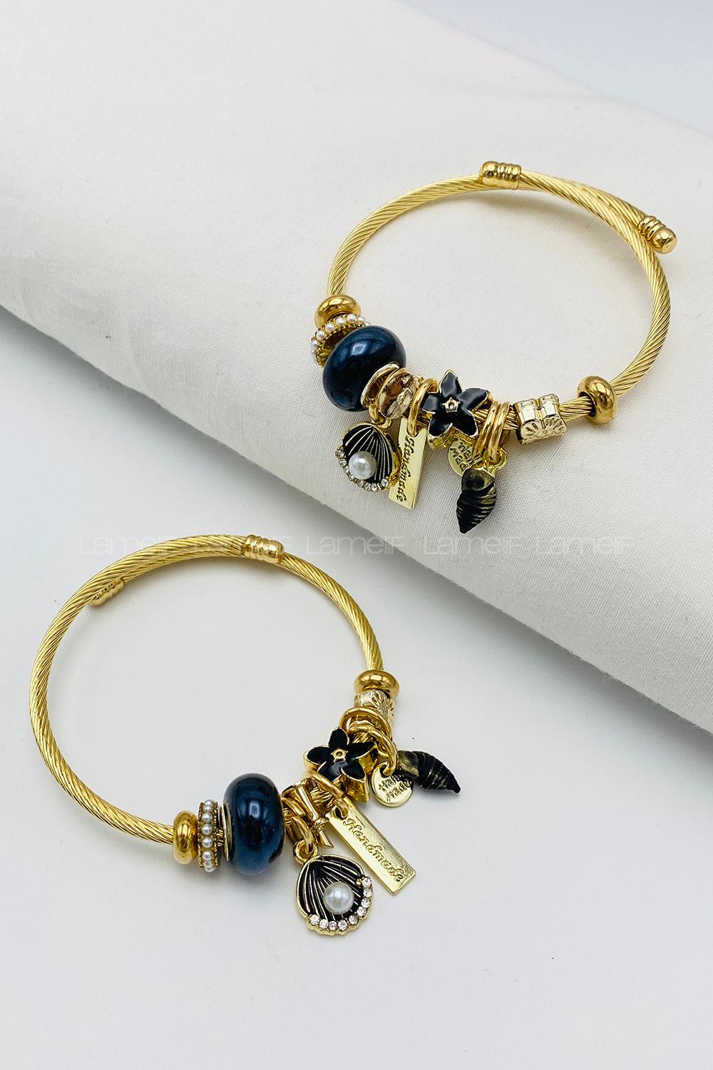 Lamelif Gümüş Siyah Taşlı İncili İstiridye Charmlı Pandora Bileklik