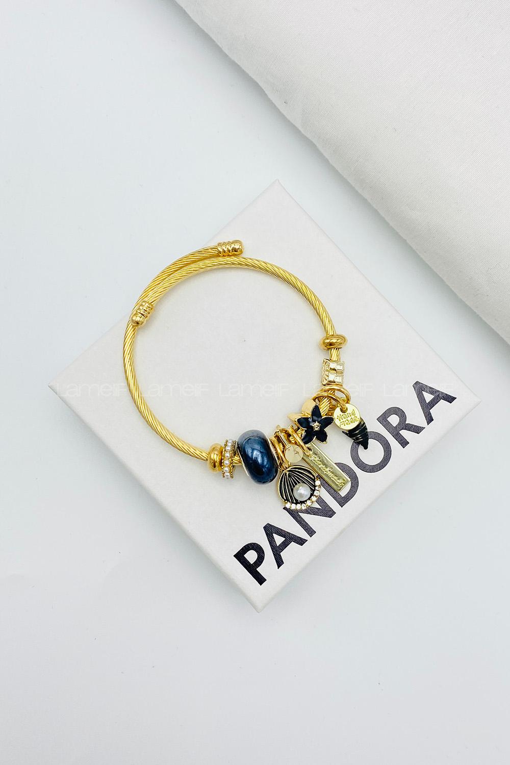 Lamelif Gümüş Siyah Taşlı İncili İstiridye Charmlı Pandora Bileklik