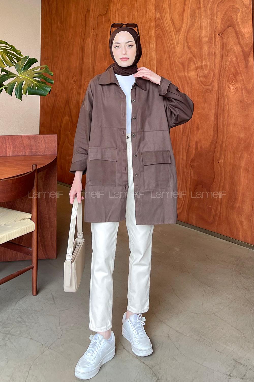 Lamelif Kapaklı İki Cepli Tahta Düğmeli Gömlek Acı Kahve