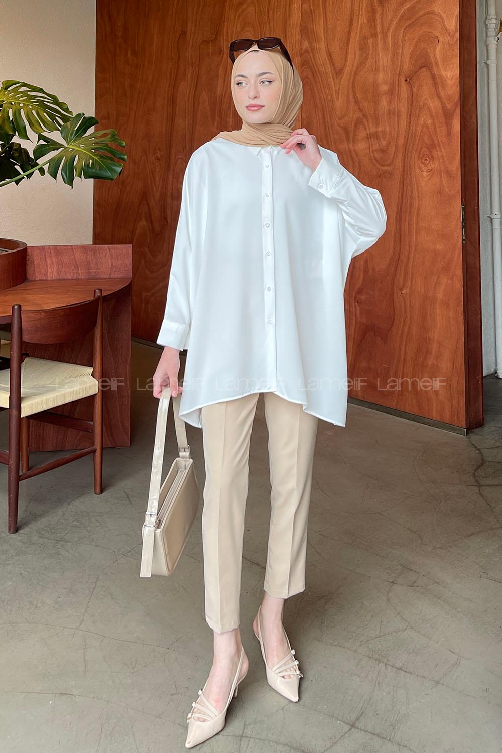 Lamelif Yarasa Kol Kolye Aksesuar Gömlek Beyaz