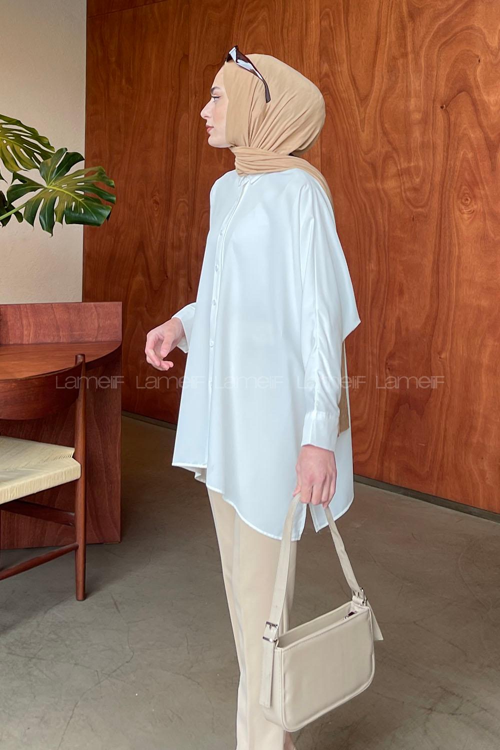 Lamelif Yarasa Kol Kolye Aksesuar Gömlek Beyaz