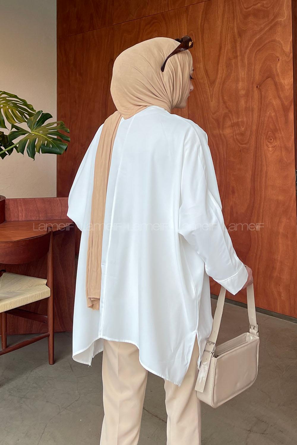 Lamelif Yarasa Kol Kolye Aksesuar Gömlek Beyaz