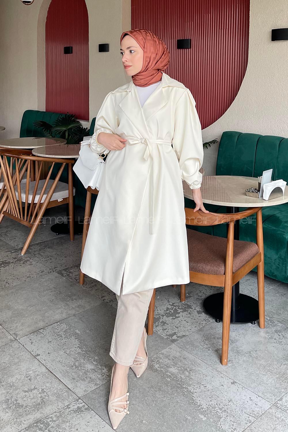 Lamelif Balon Kol Kuşaklı Trenç Krem