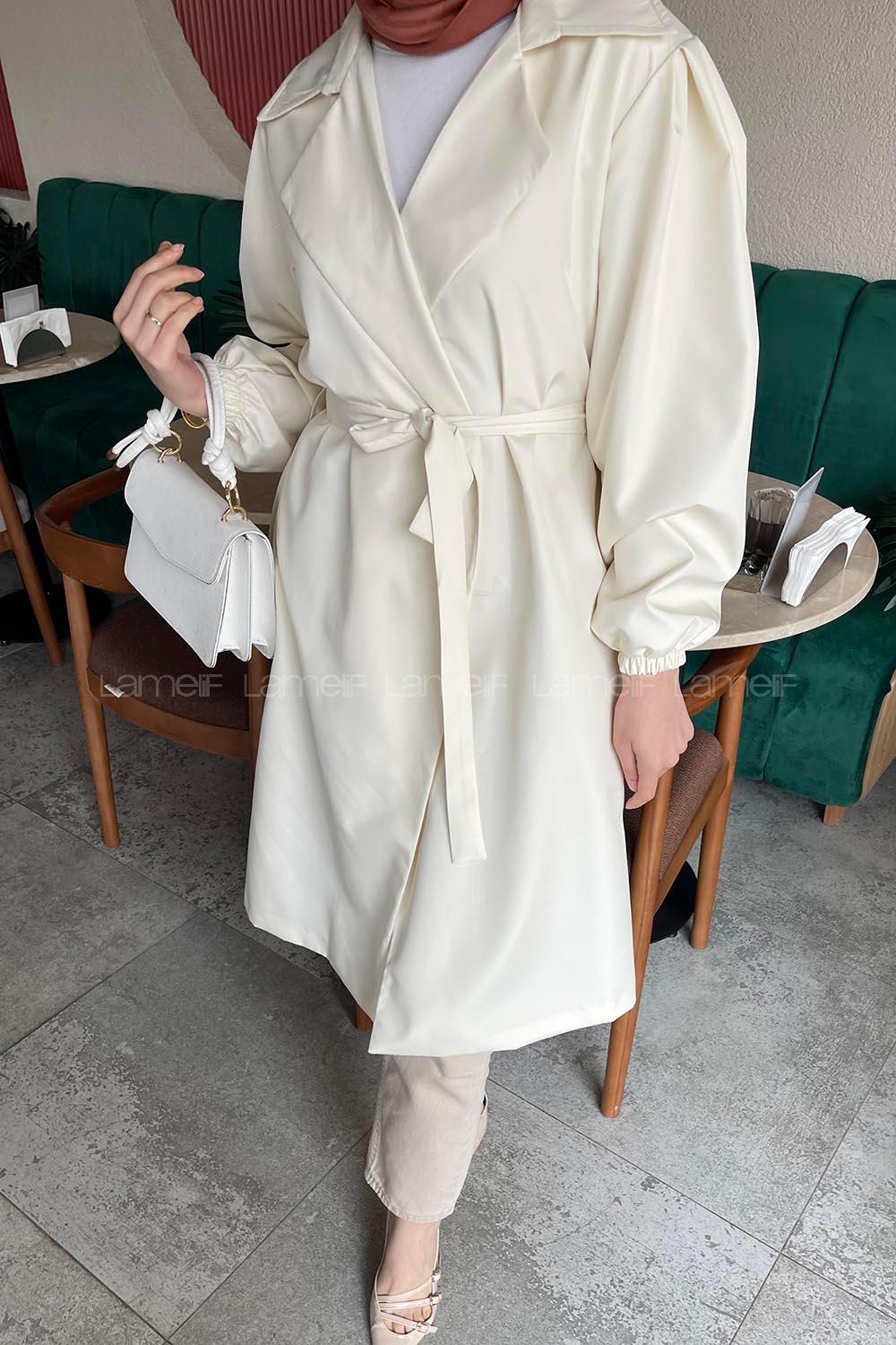 Lamelif Balon Kol Kuşaklı Trenç Krem