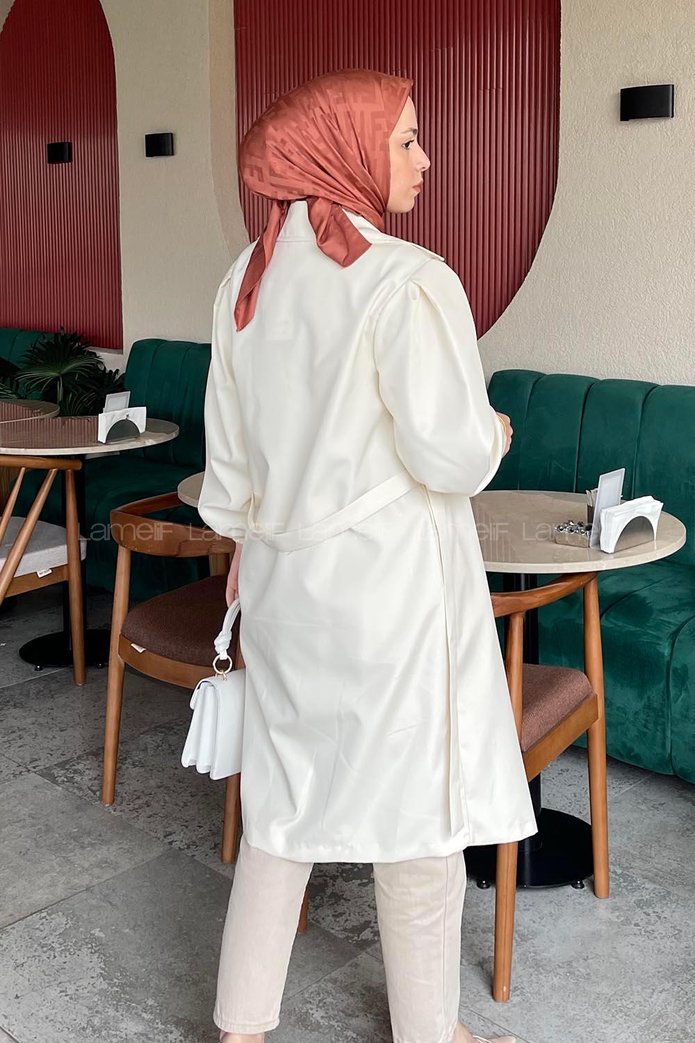 Lamelif Balon Kol Kuşaklı Trenç Krem