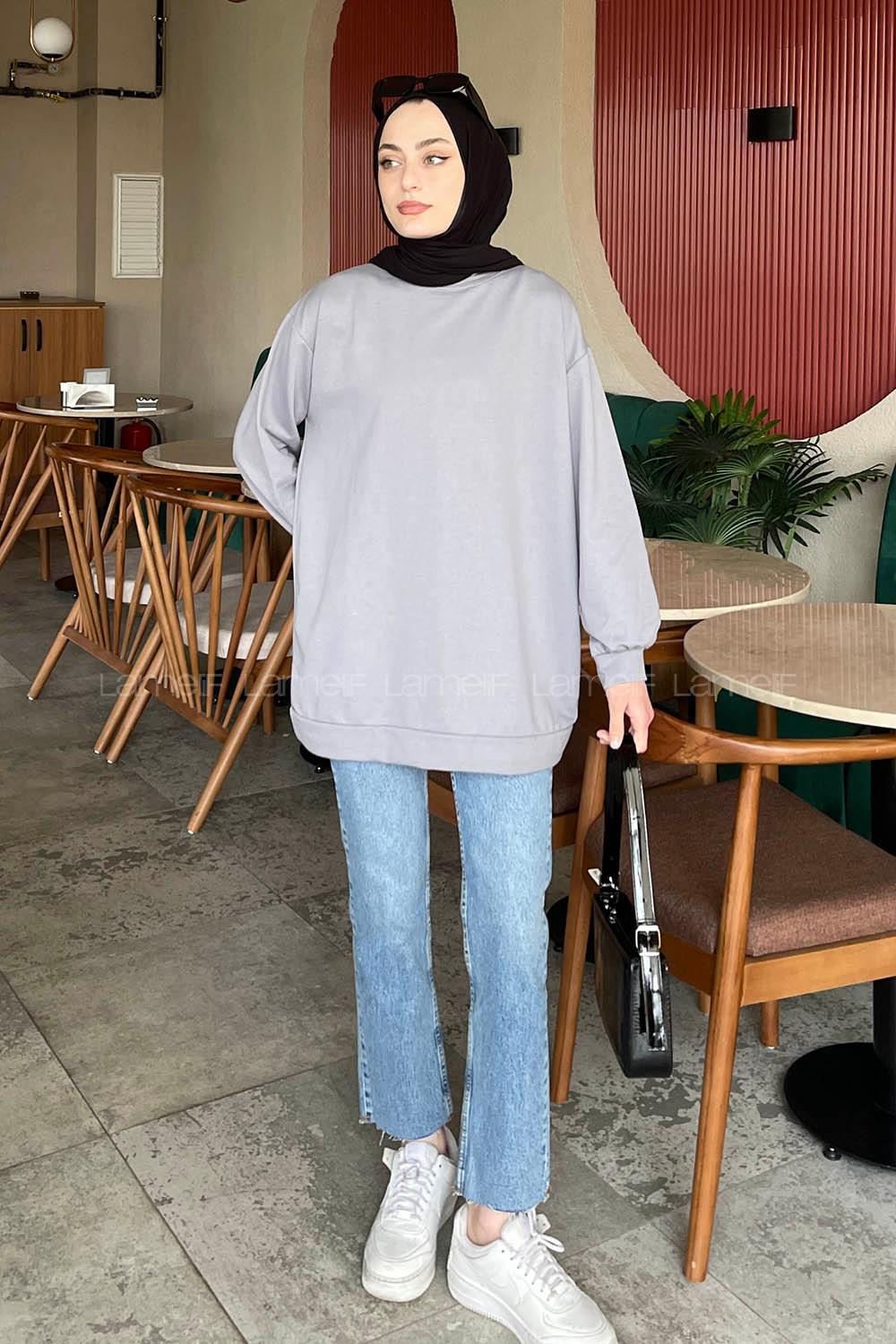 Lamelif  Bisiklet Yaka  İki İplik Düz Sweat Füme