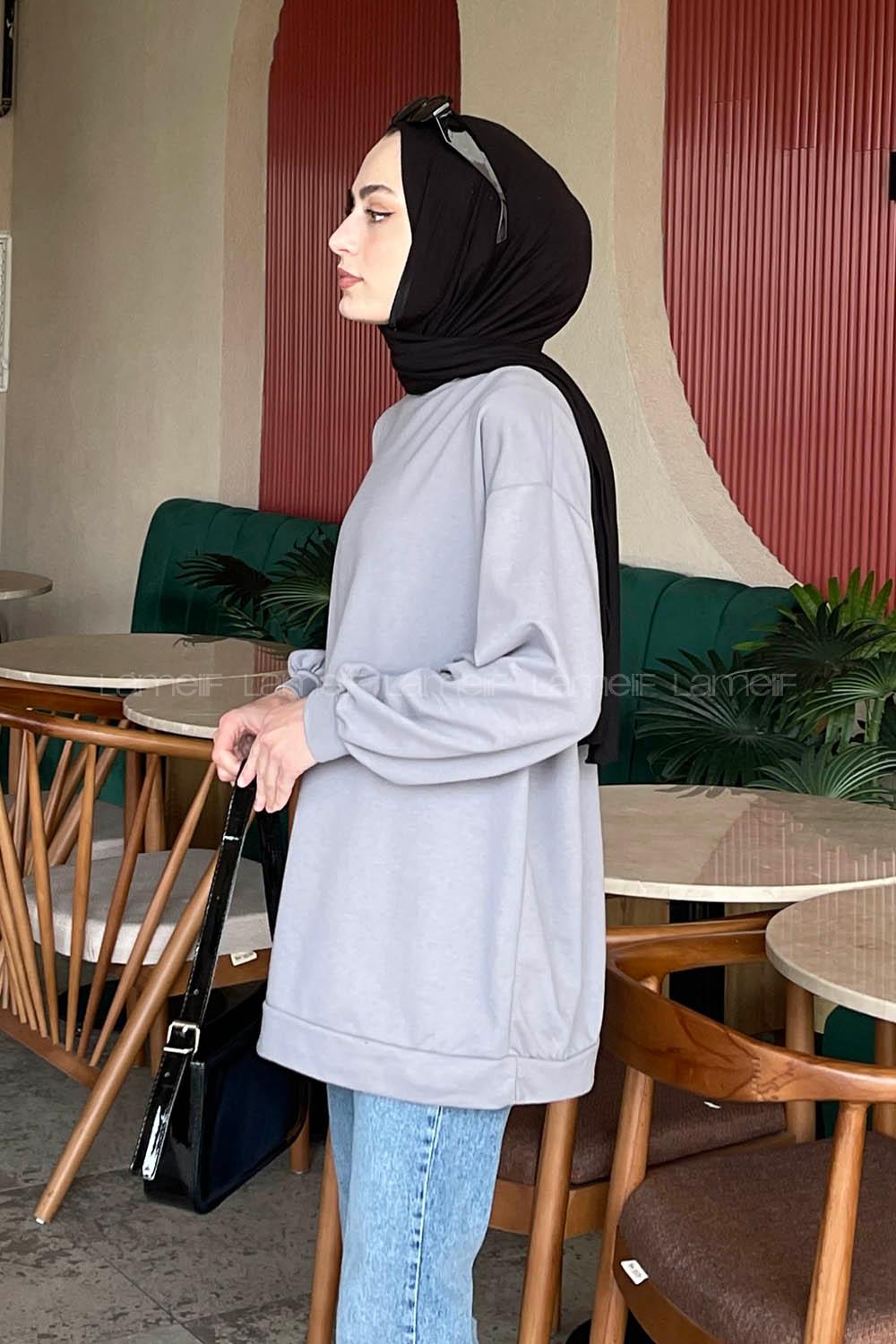 Lamelif  Bisiklet Yaka  İki İplik Düz Sweat Füme