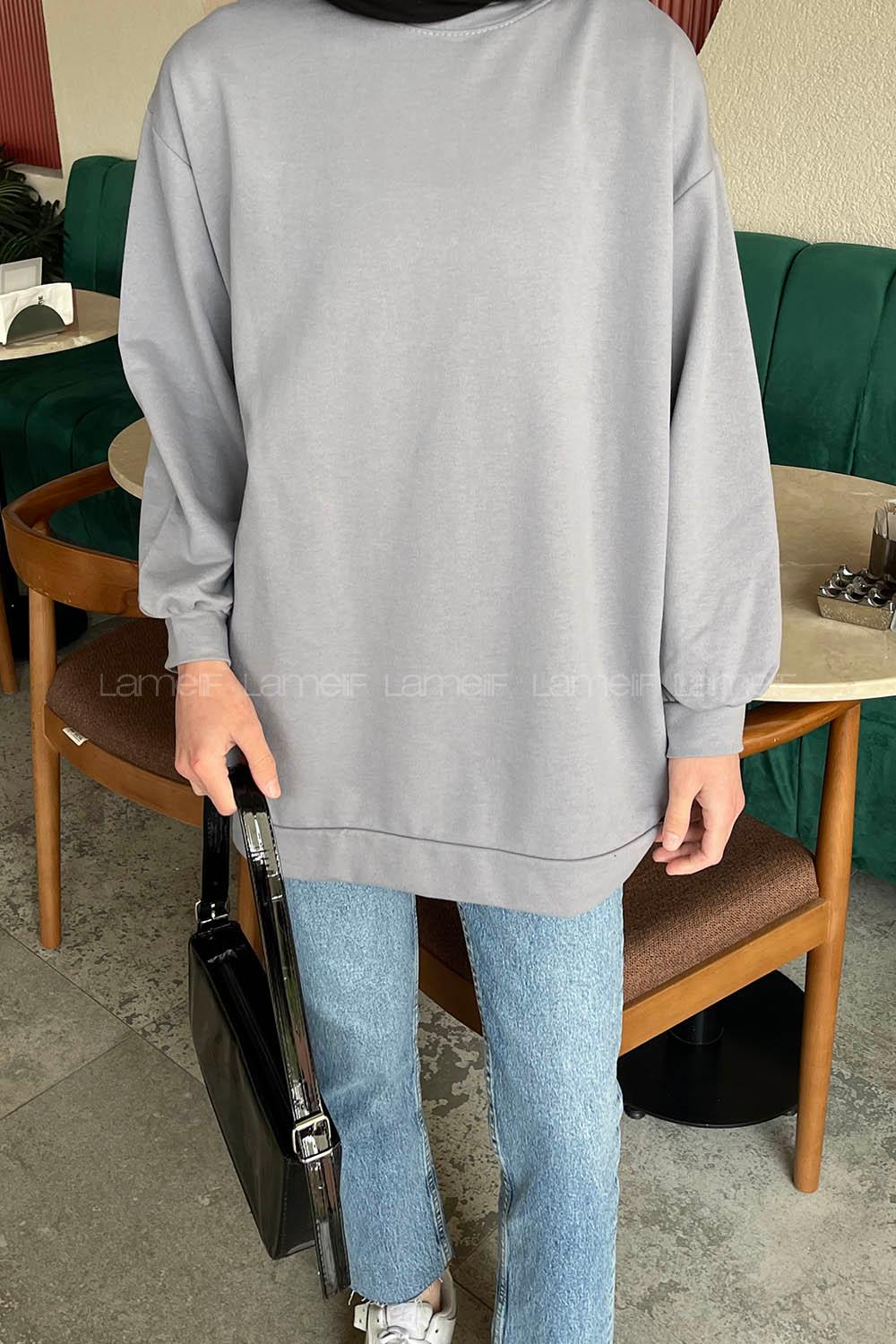 Lamelif  Bisiklet Yaka  İki İplik Düz Sweat Füme