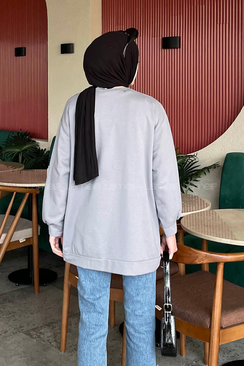 Lamelif  Bisiklet Yaka  İki İplik Düz Sweat Füme