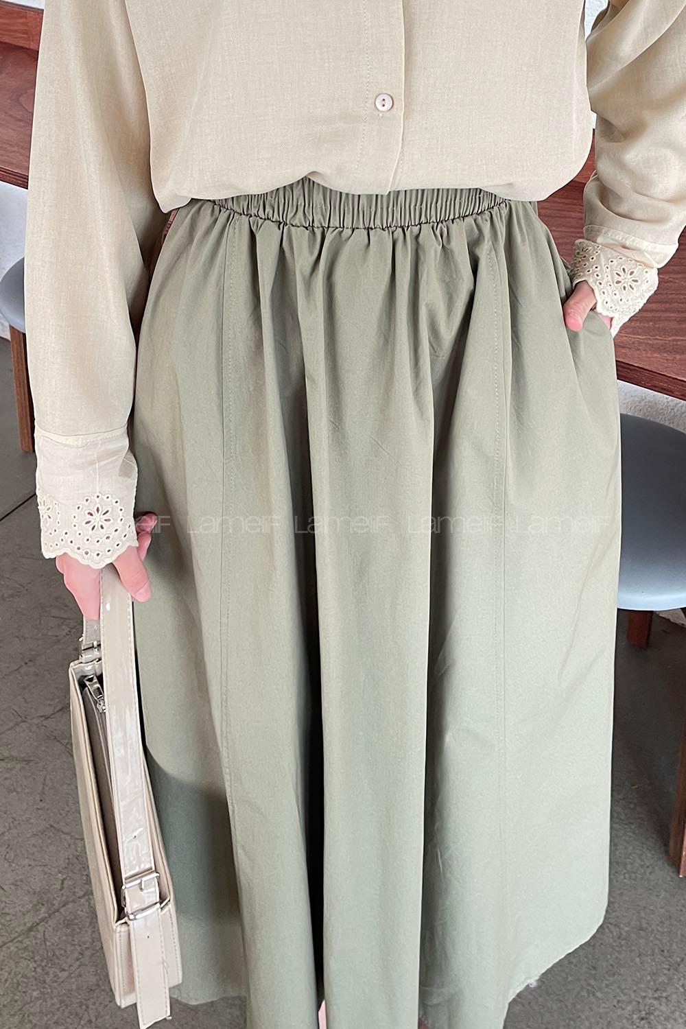 Lamelif Cep Detaylı Kloş Keten Etek Asker Yeşili