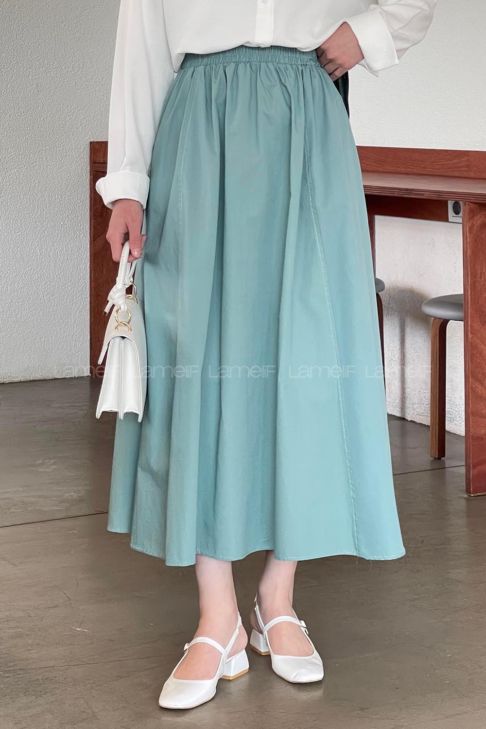 Lamelif Cep Detaylı Kloş Keten Etek Çağla Yeşili