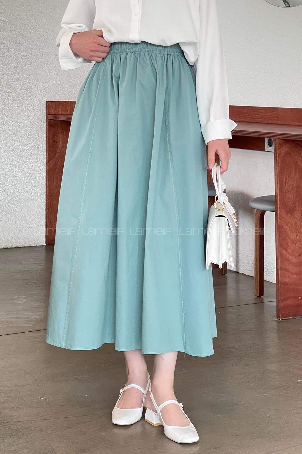 Lamelif Cep Detaylı Kloş Keten Etek Çağla Yeşili