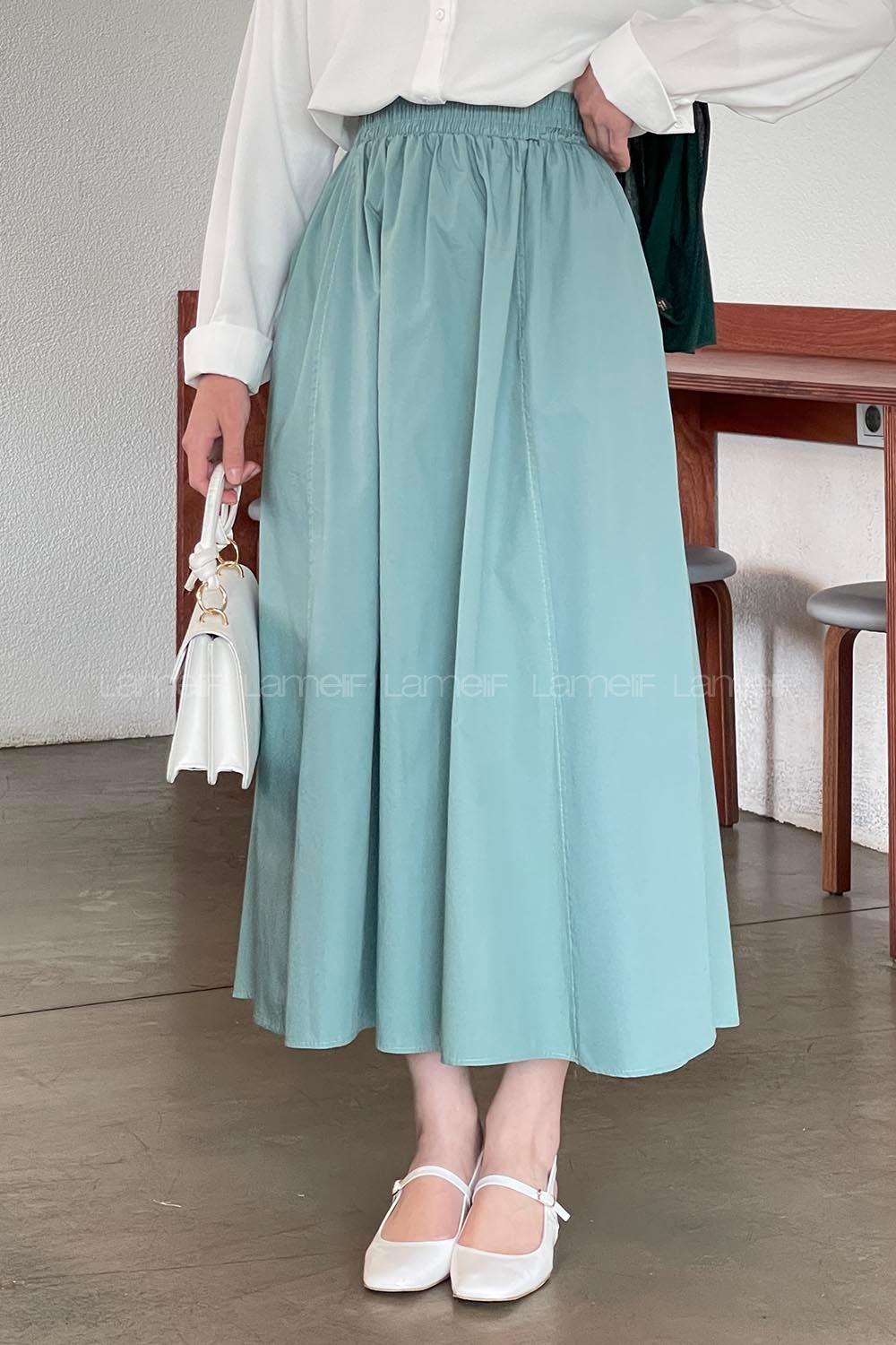 Lamelif Cep Detaylı Kloş Keten Etek Çağla Yeşili