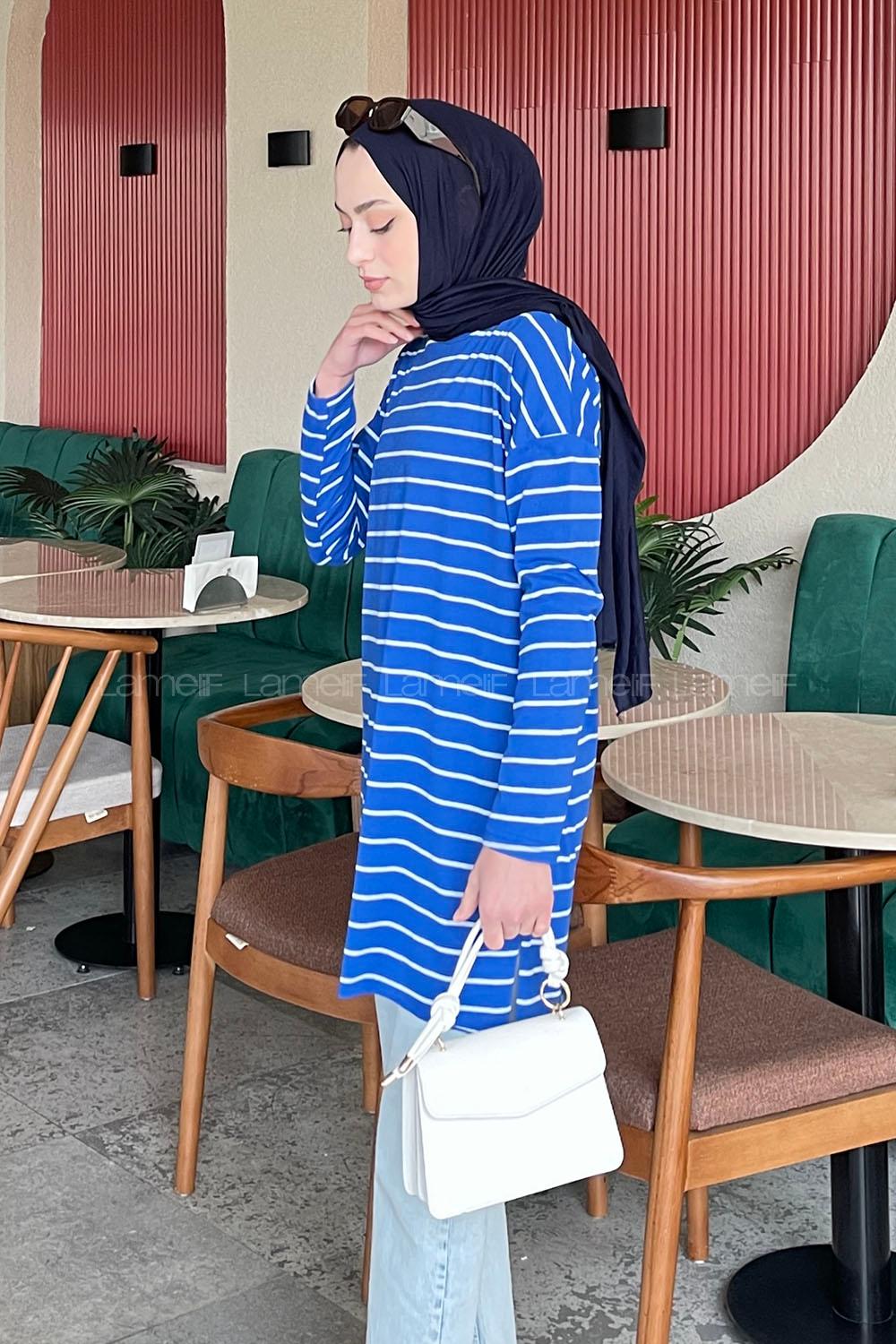 Lamelif Çizgili Uzun Kol Tunik Saks Mavisi