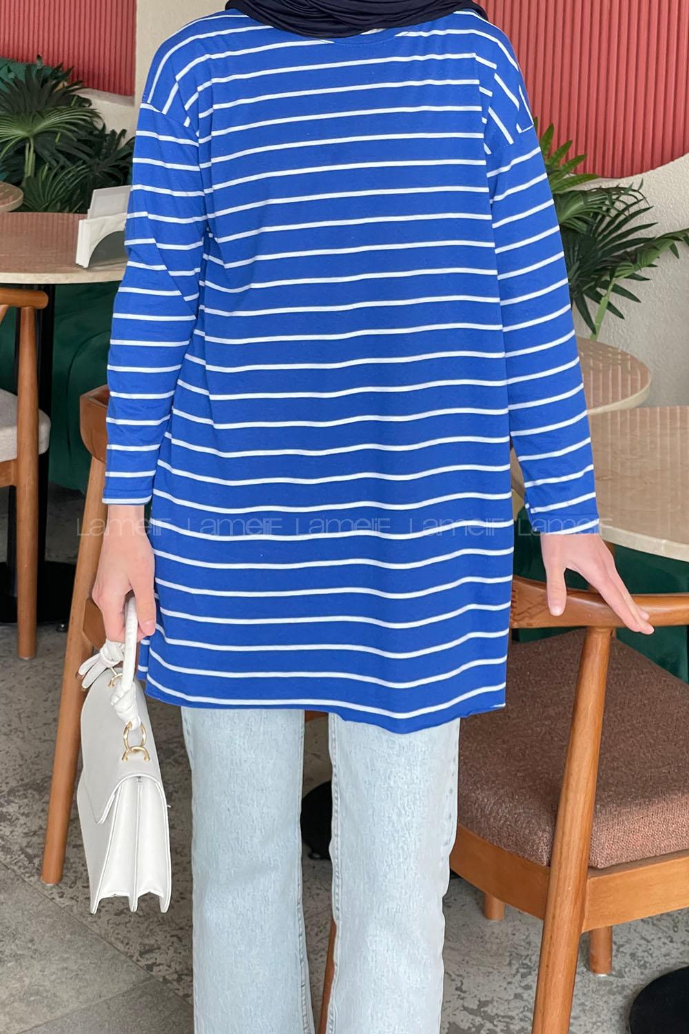 Lamelif Çizgili Uzun Kol Tunik Saks Mavisi