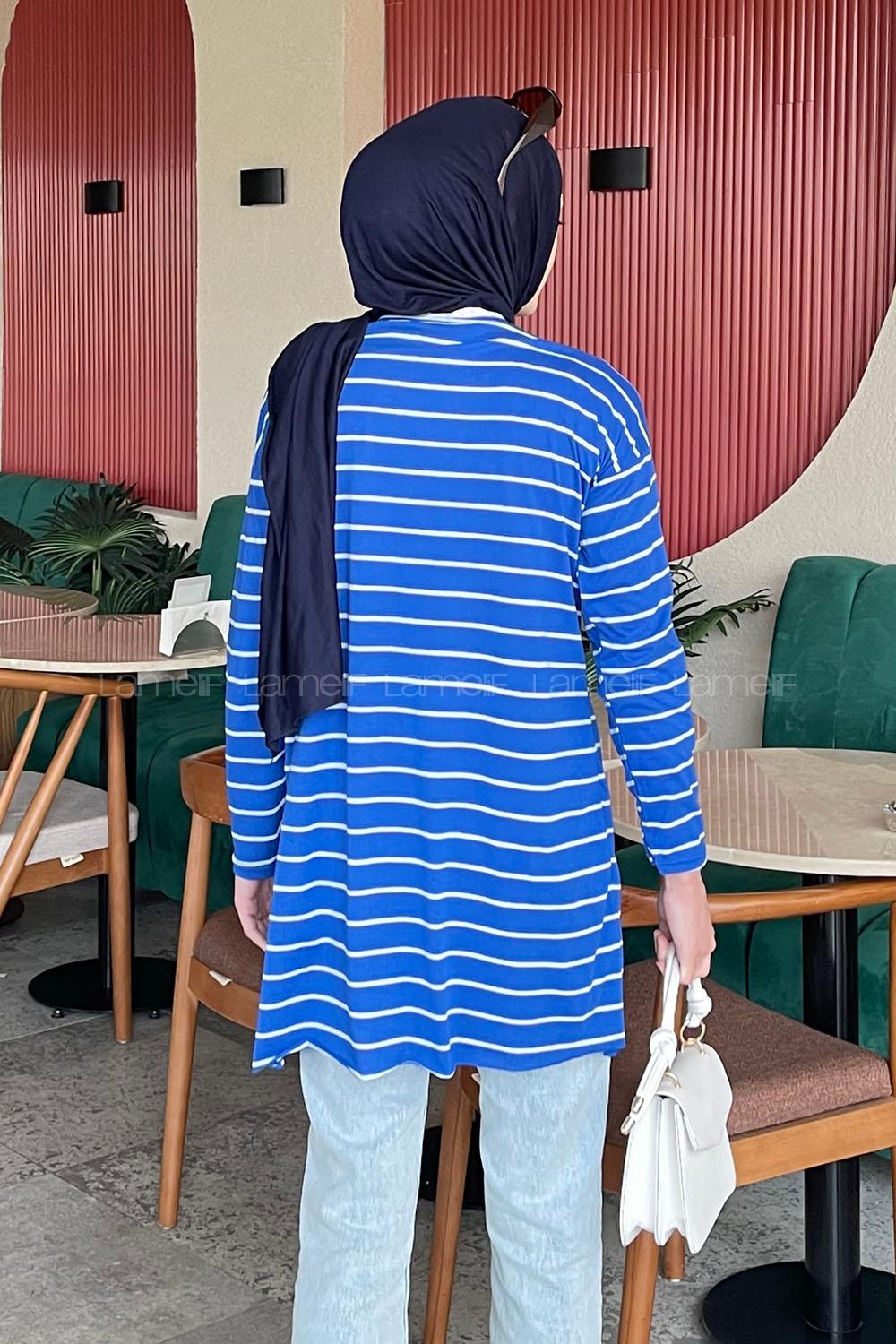 Lamelif Çizgili Uzun Kol Tunik Saks Mavisi