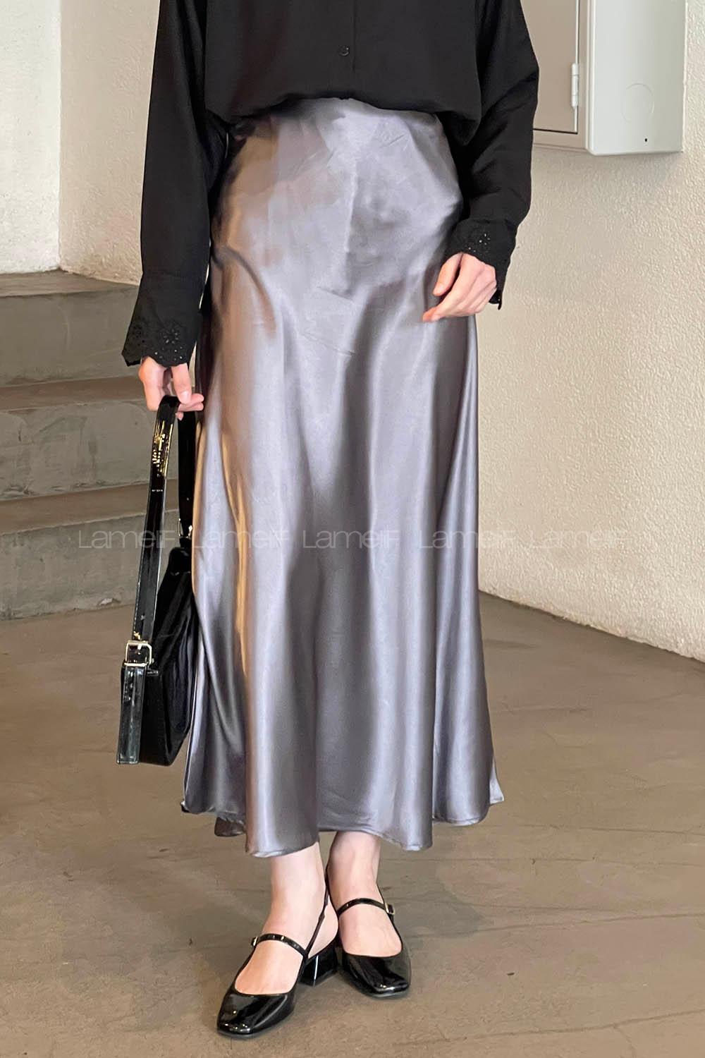 Lamelif Düz Saten Çan Etek Antrasit