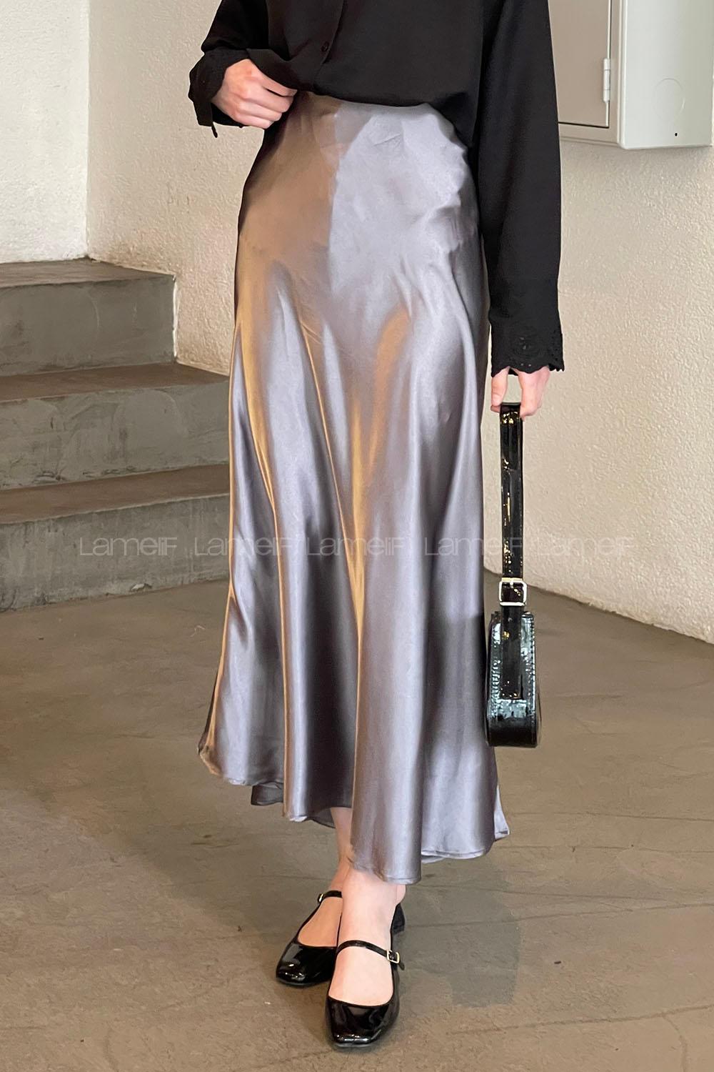 Lamelif Düz Saten Çan Etek Antrasit